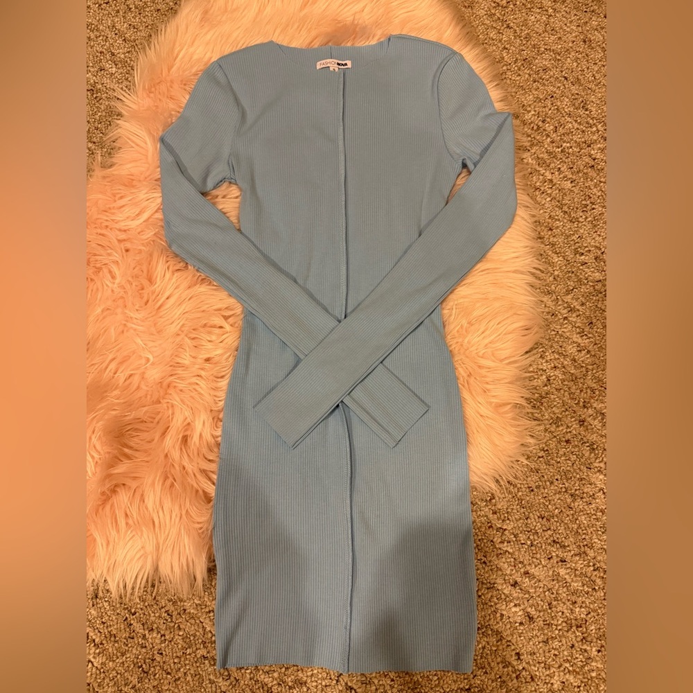 Fashion Nova Light Blue Mock Neck Bodycon Dress